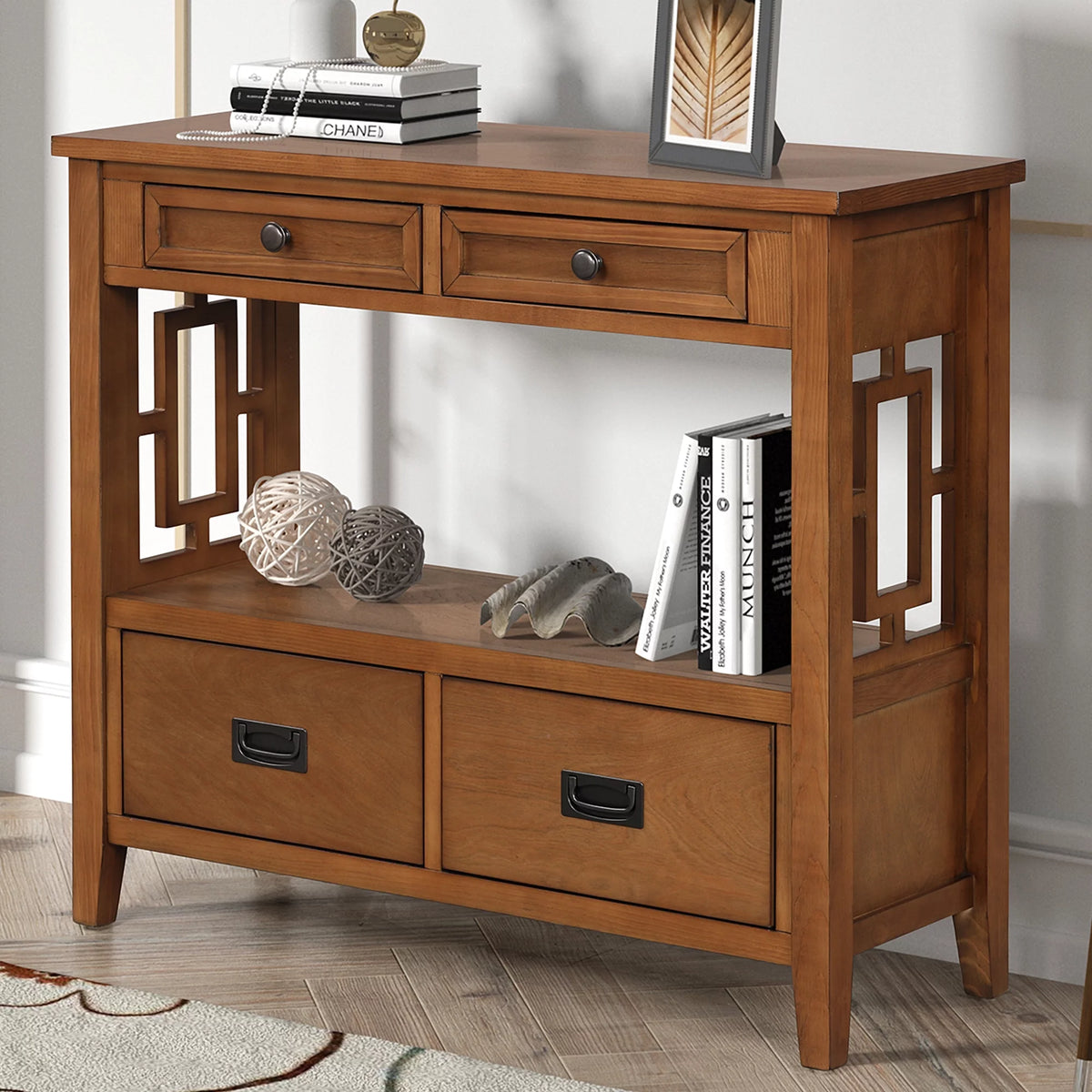 36'' Pine Wood Console Table with 4 Drawers & 1 Storage Shelf V87049