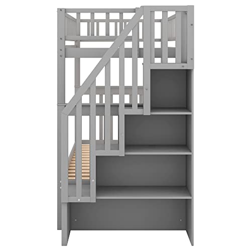 Gray Twin Over Twin Solid Wood Bunk Bed with Stairs and Trundle P711