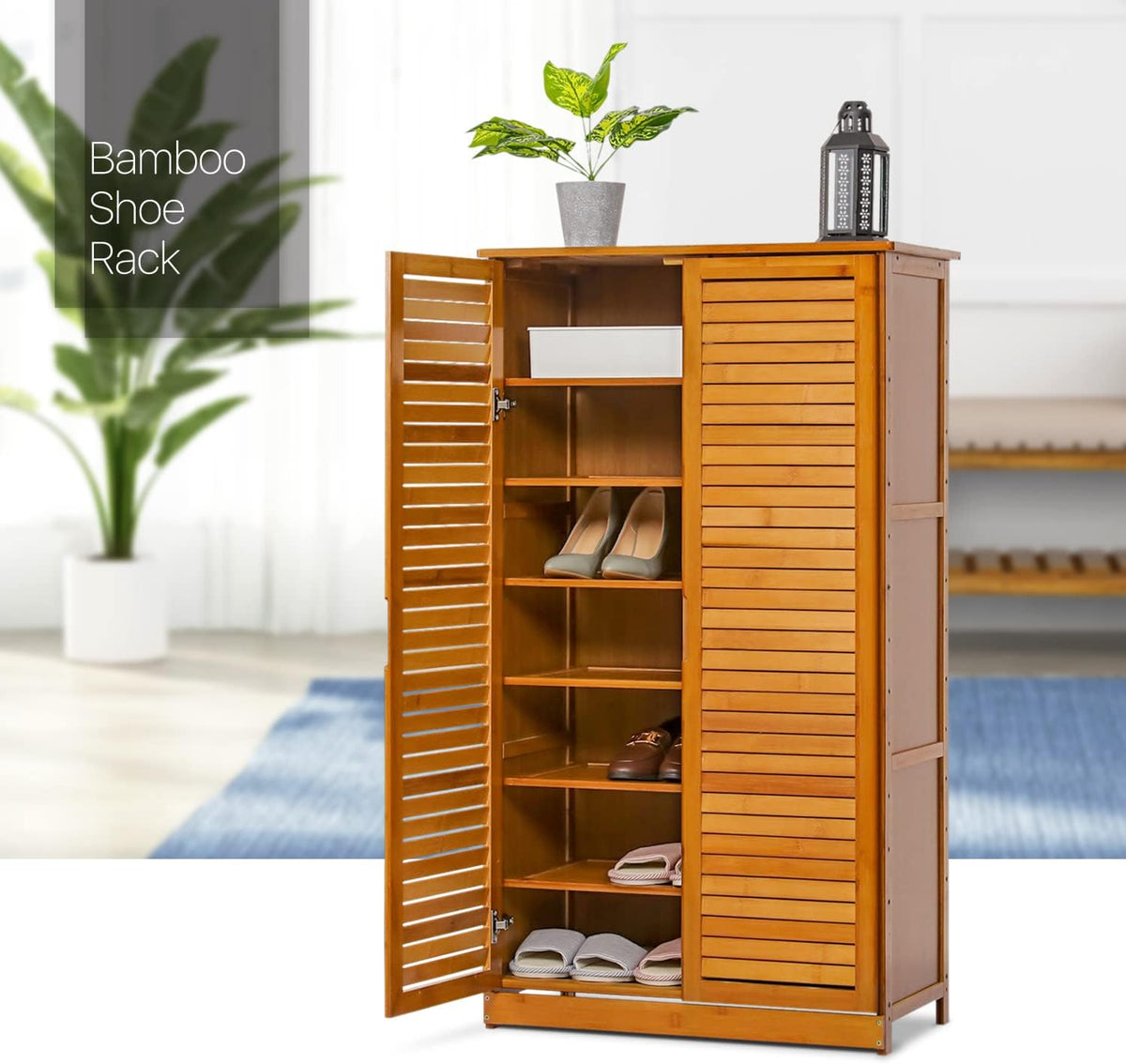 Brown Bamboo Shoe Storage Cabinet with Double Shutter Doors L265108