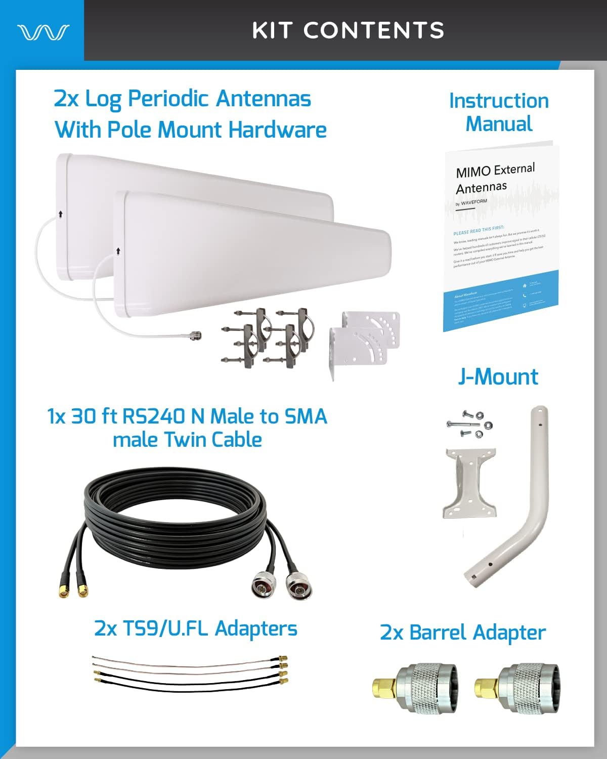 4G/5G Log Periodic Antenna Kit, 2x2 600-6000 MHz, Twin Cable Z345318