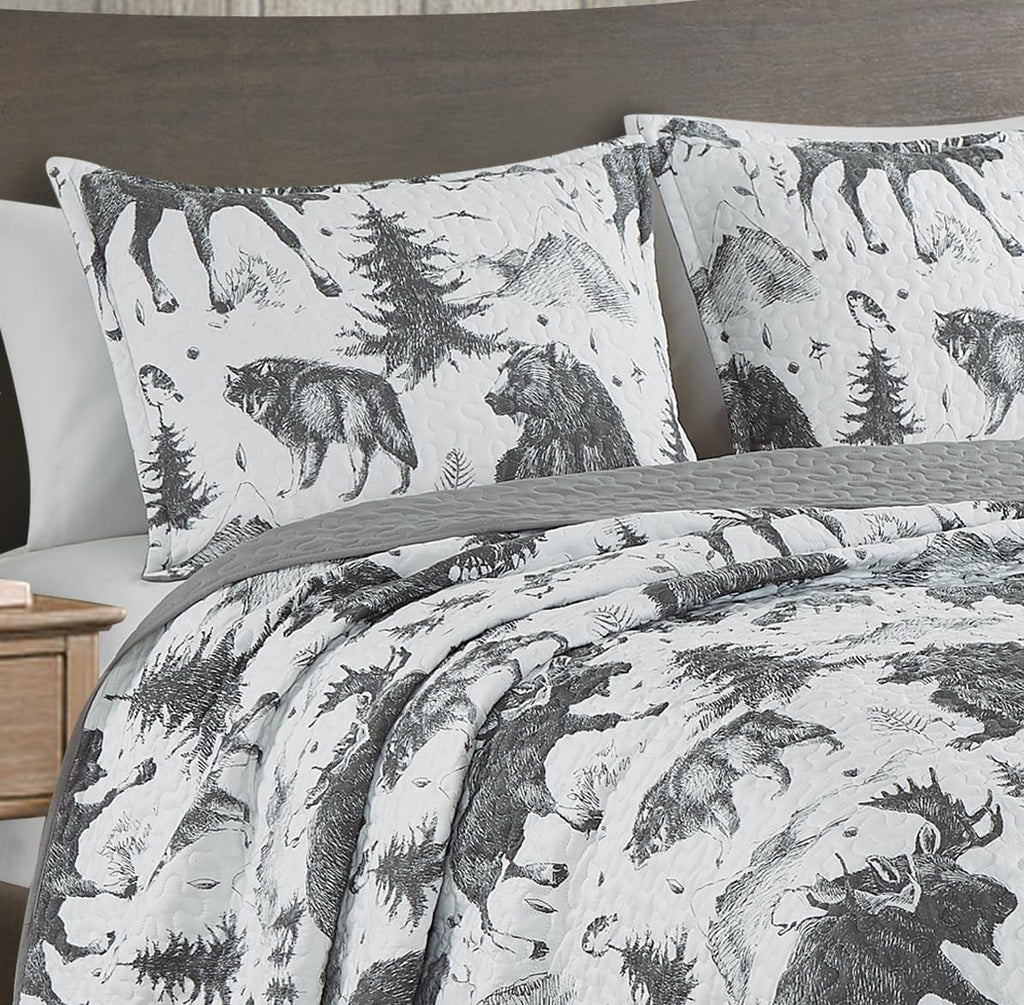 3-Piece King White Black Gray Microfiber Quilt Set O520