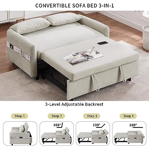Gray 3 in 1 Convertible Sleeper Sofa Futon Couch Pullout Bed Love Seat Chaise Lounge with Storage Pockets 2 Pillows E5638