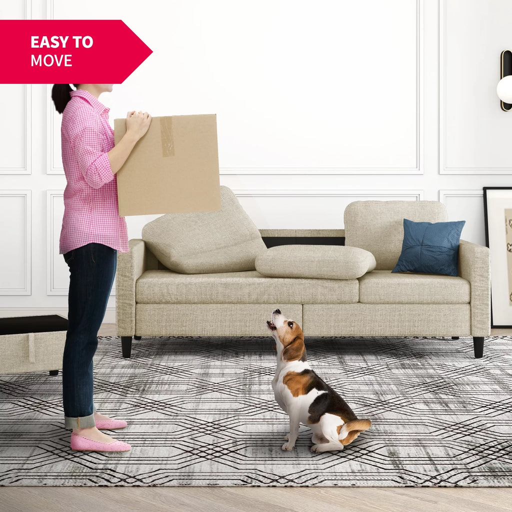 Beige Linen Sectional Sofa with Storage Ottoman W752