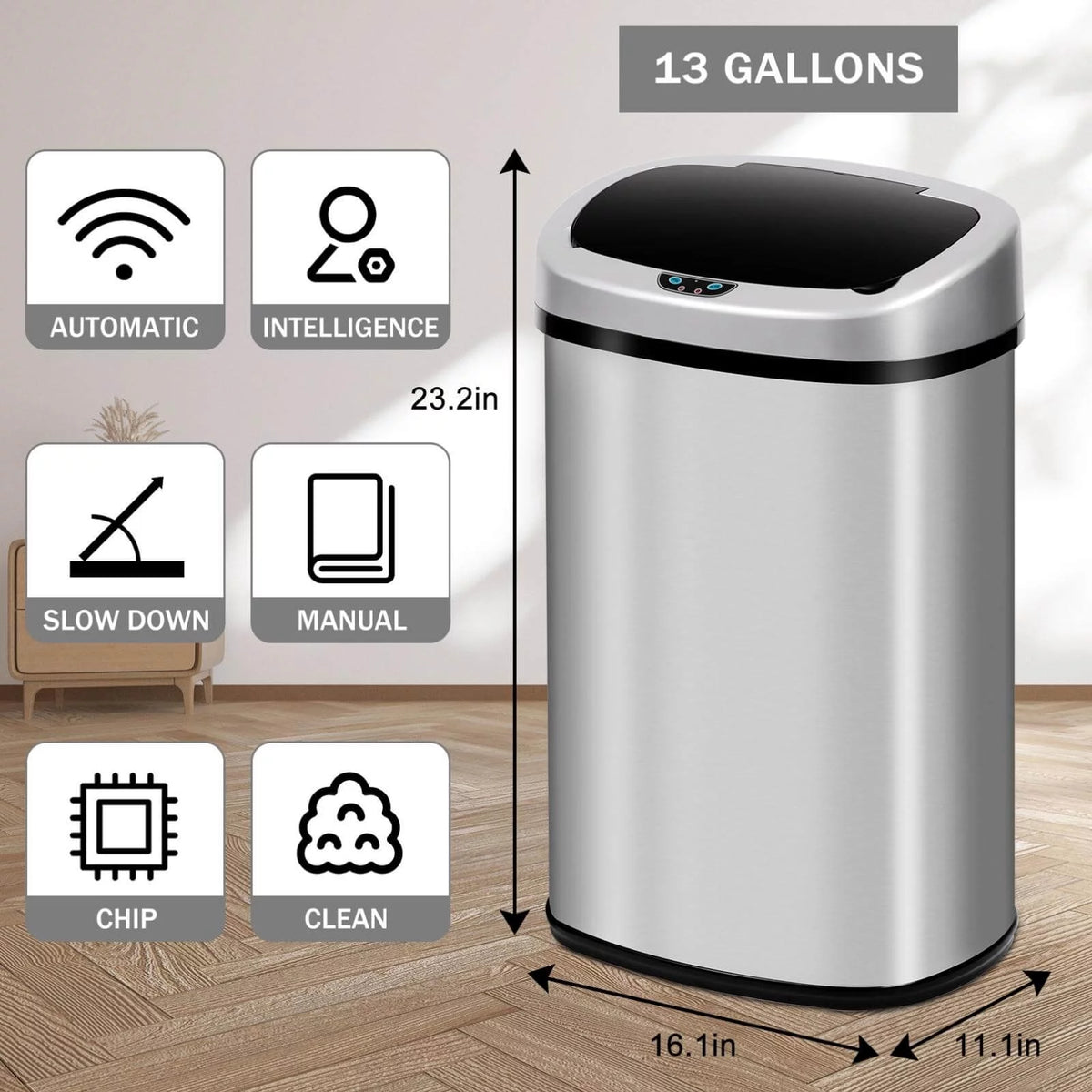 13 Gallon Automatic Stainless Steel Trash Can with Lid A395971