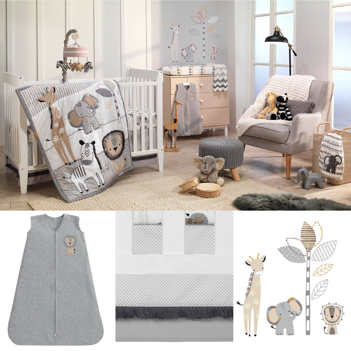 Jungle Safari Gray/Tan/White 6-Piece Baby Crib Bedding Set X390764