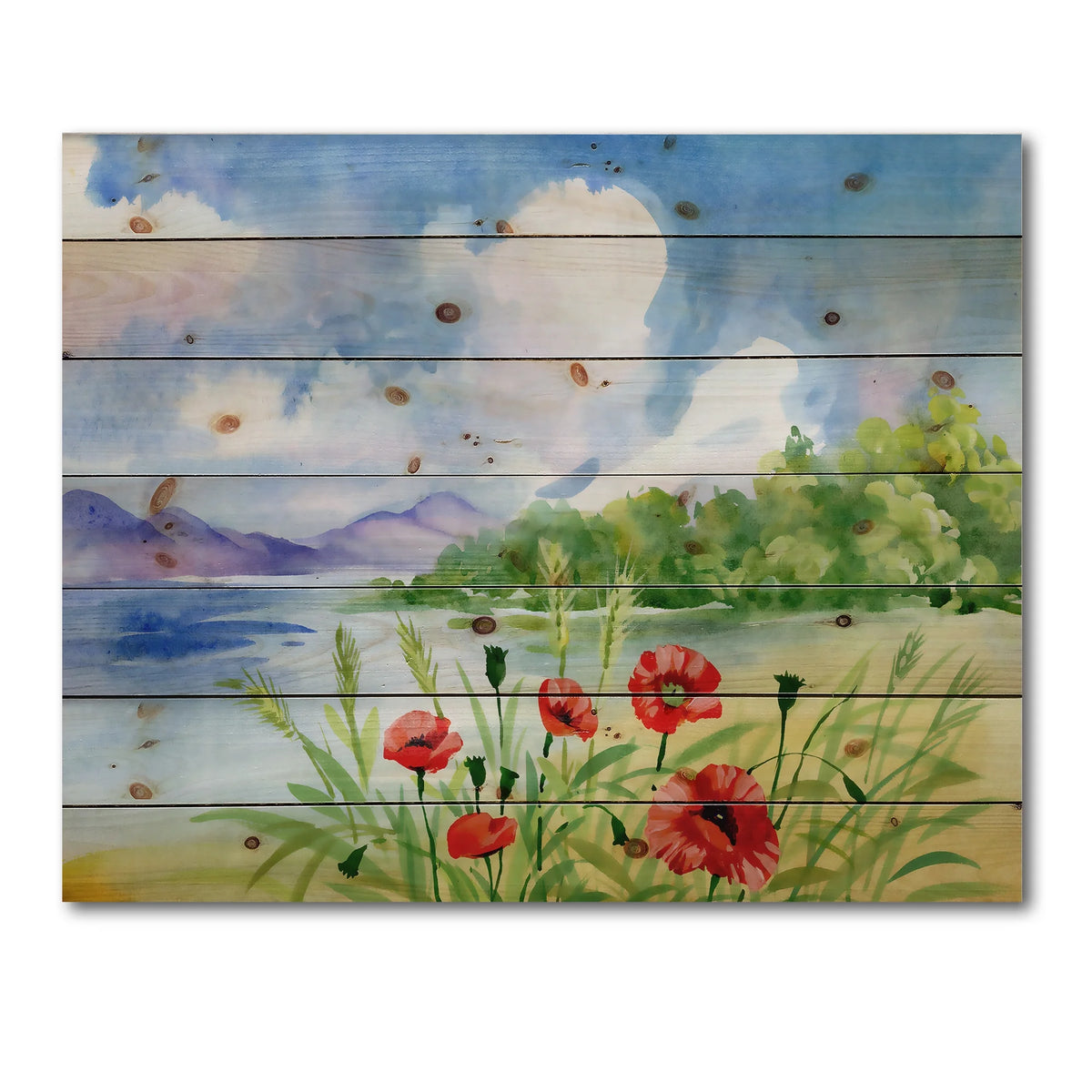 Red Tulips On The Bank Near A River Mountain Print on Natural Pine Wood A176