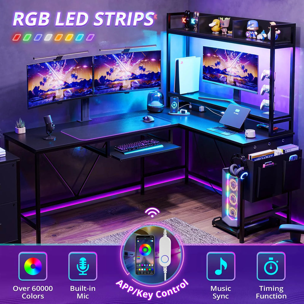 L Shaped Computer Desk with Power Outlet and LED Strip, Black E5590