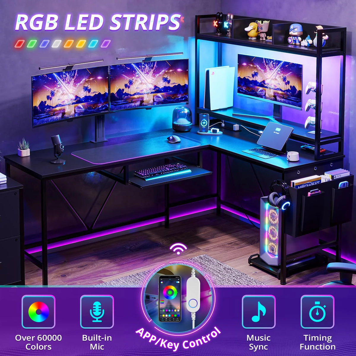 L Shaped Computer Desk with Power Outlet and LED Strip, Black E5590