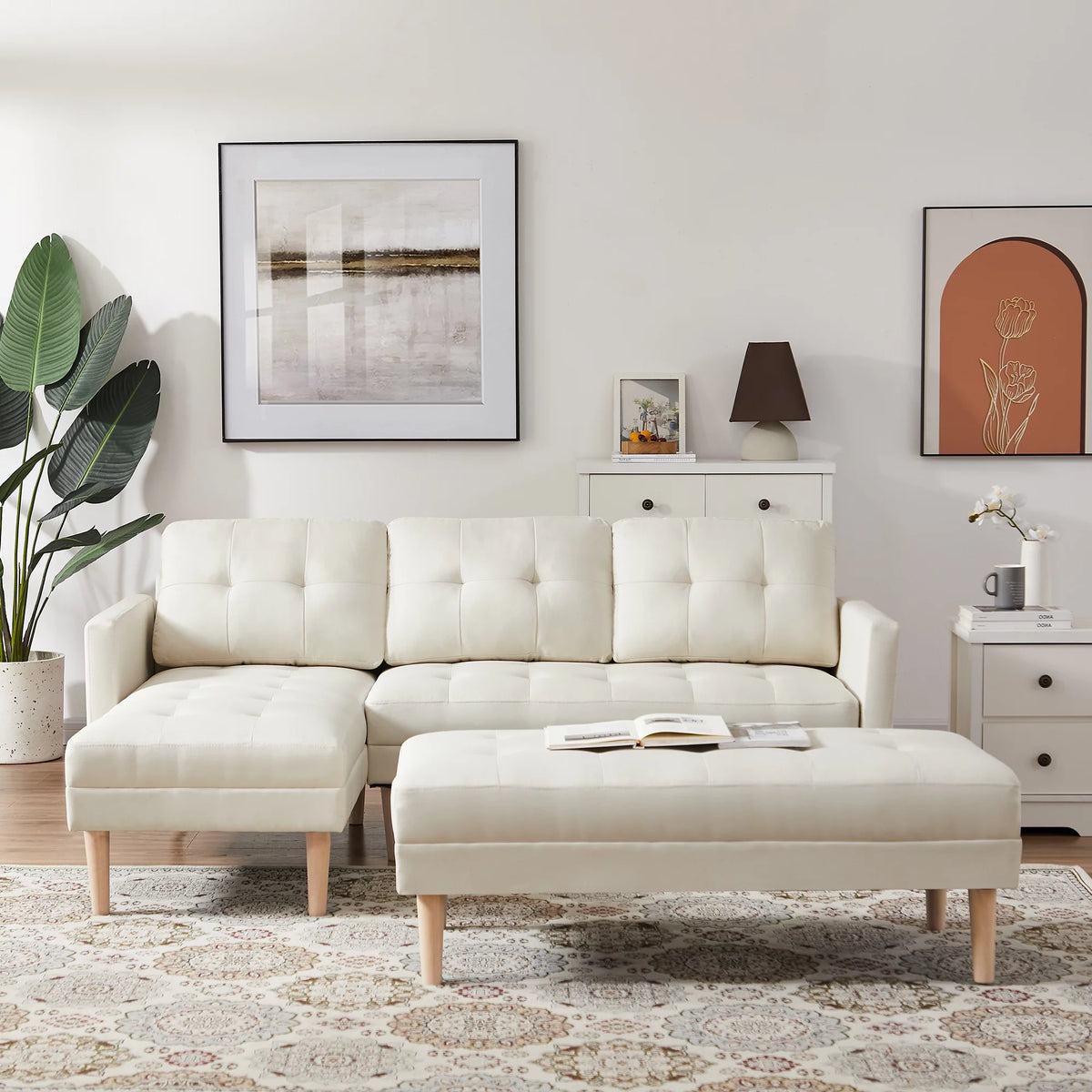 Beige L-shape Sectional Sofa Bed with Ottoman Bench J6114