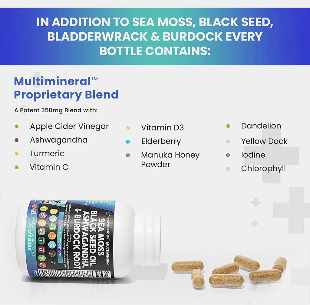 Sea Moss Black Seed Oil Ashwagandha Turmeric Bladderwrack Burdock Vitamin C D3 R153