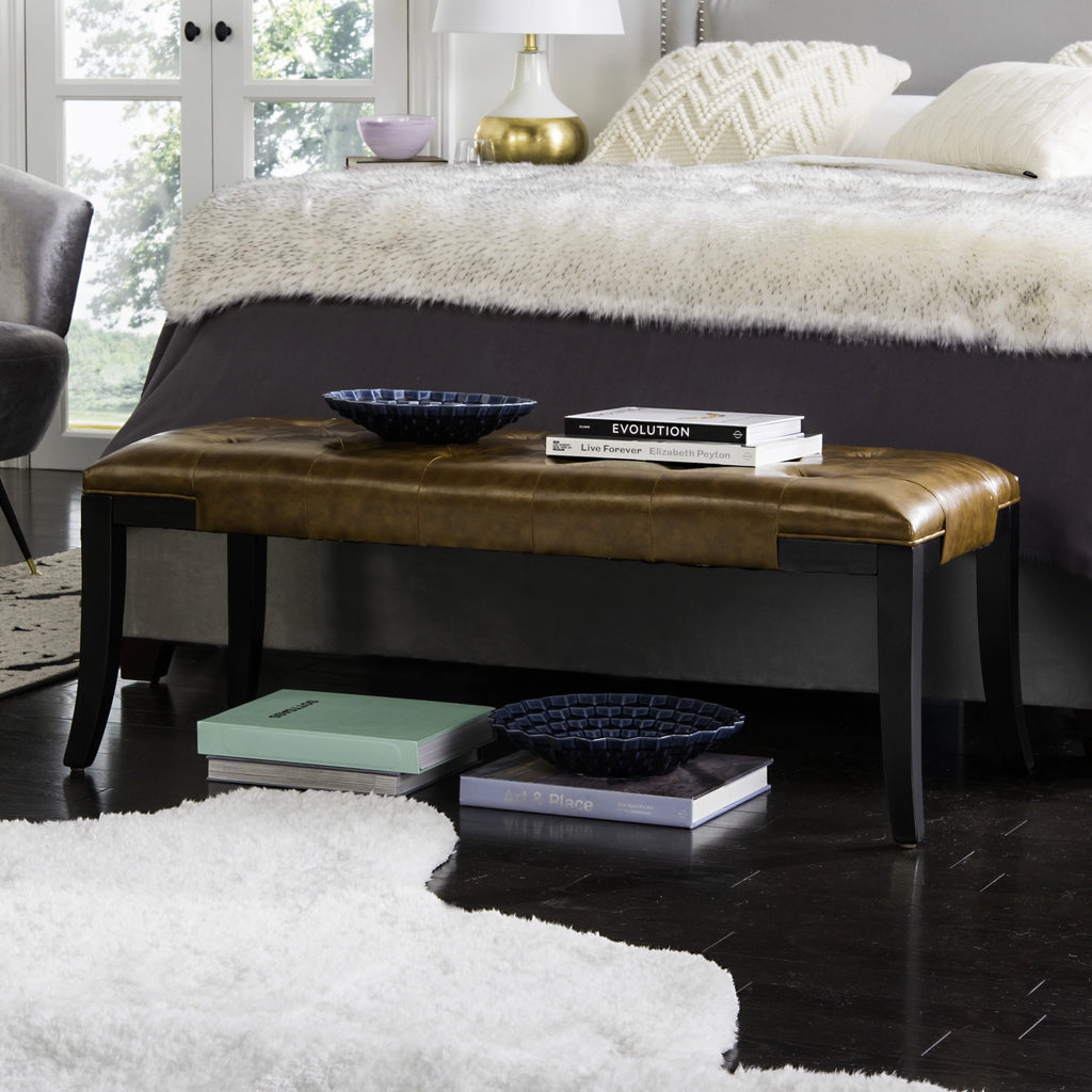 Rustic Curved Leather Tufted Bench R4503