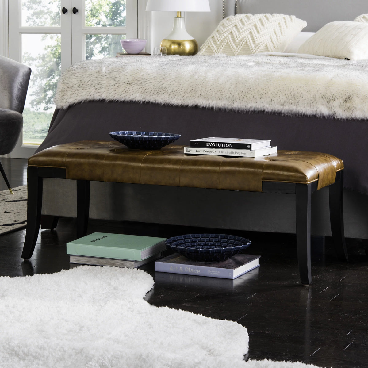 Rustic Curved Leather Tufted Bench R4503
