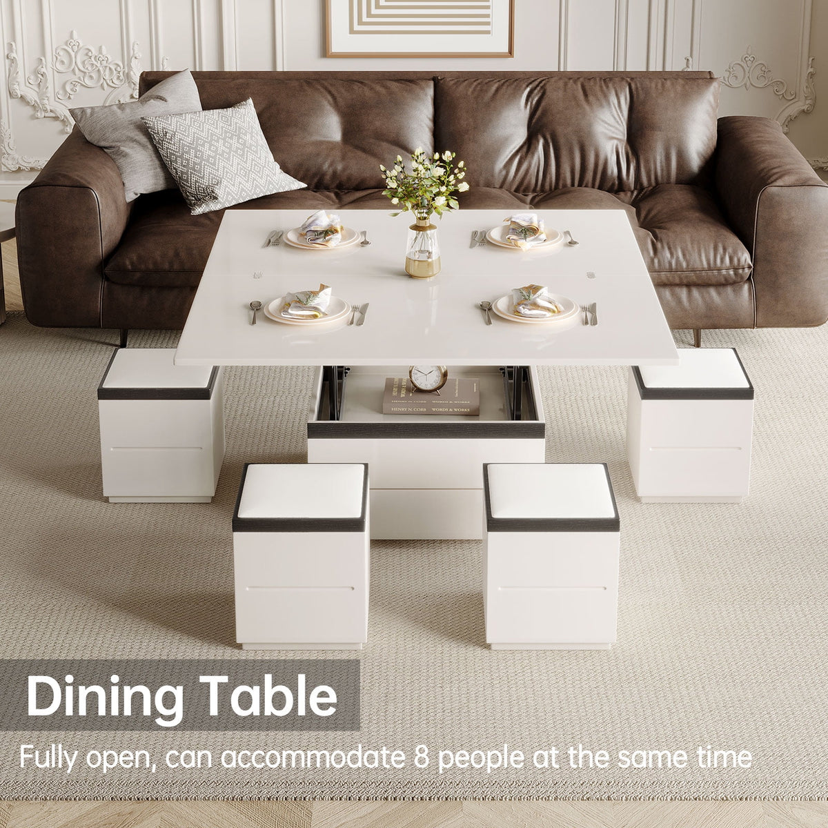 White Lift Top Coffee Table with 4 Stools N645