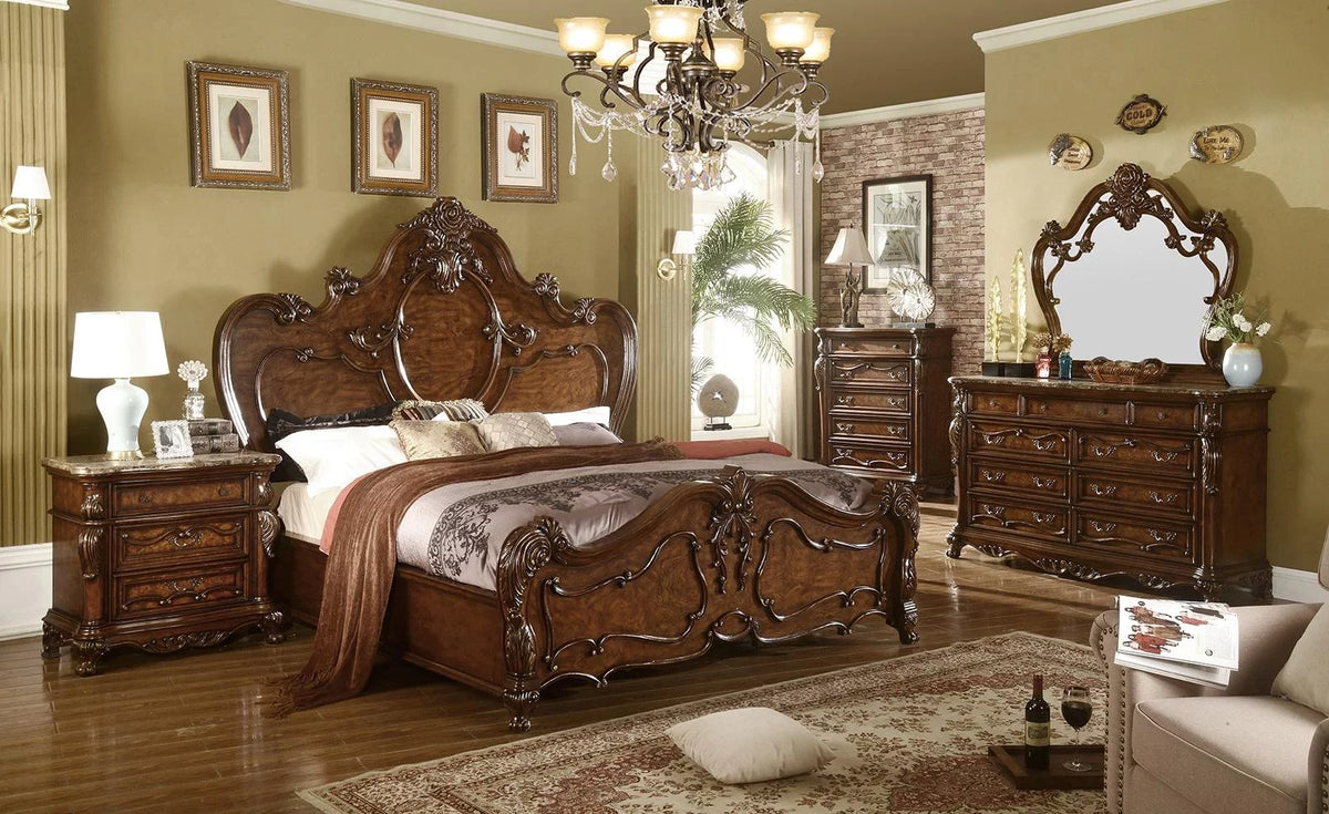 Cherry Oak Carved Wood 3 Drawer Nightstand Set 2 R75782