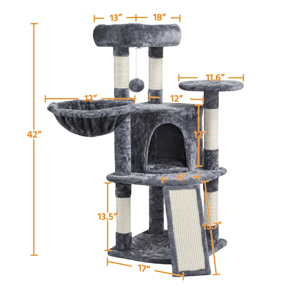 42"H Multilevel Cat Tree Tower with Condo and Perches, Dark Gray X25381