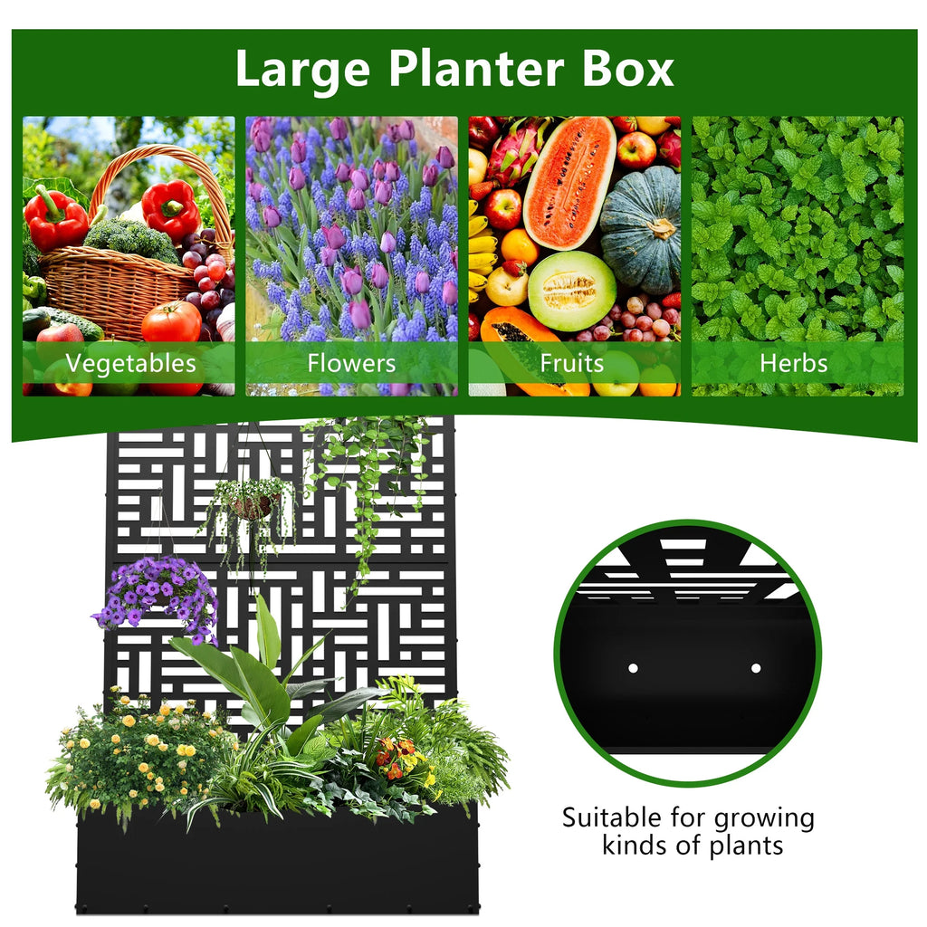 71'' Metal Planter with Trellis, Raised Garden Bed with Drainage Hole, Black D230697