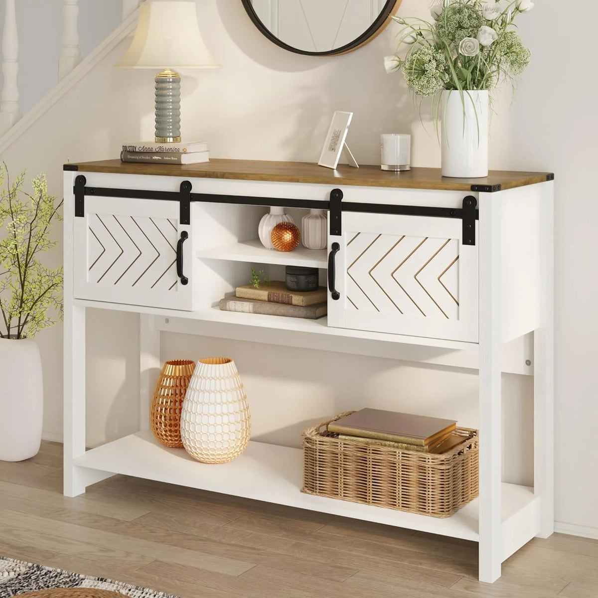 White-Brown Console Table with Sliding Barn Doors T25052