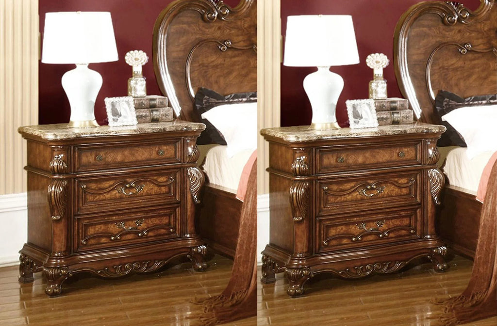 Cherry Oak Carved Wood 3 Drawer Nightstand Set 2 R75782