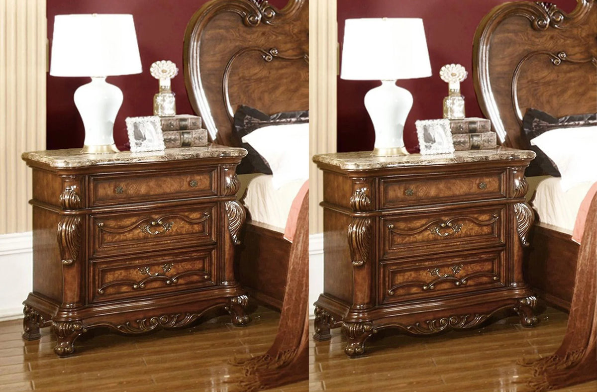 Cherry Oak Carved Wood 3 Drawer Nightstand Set 2 R75782