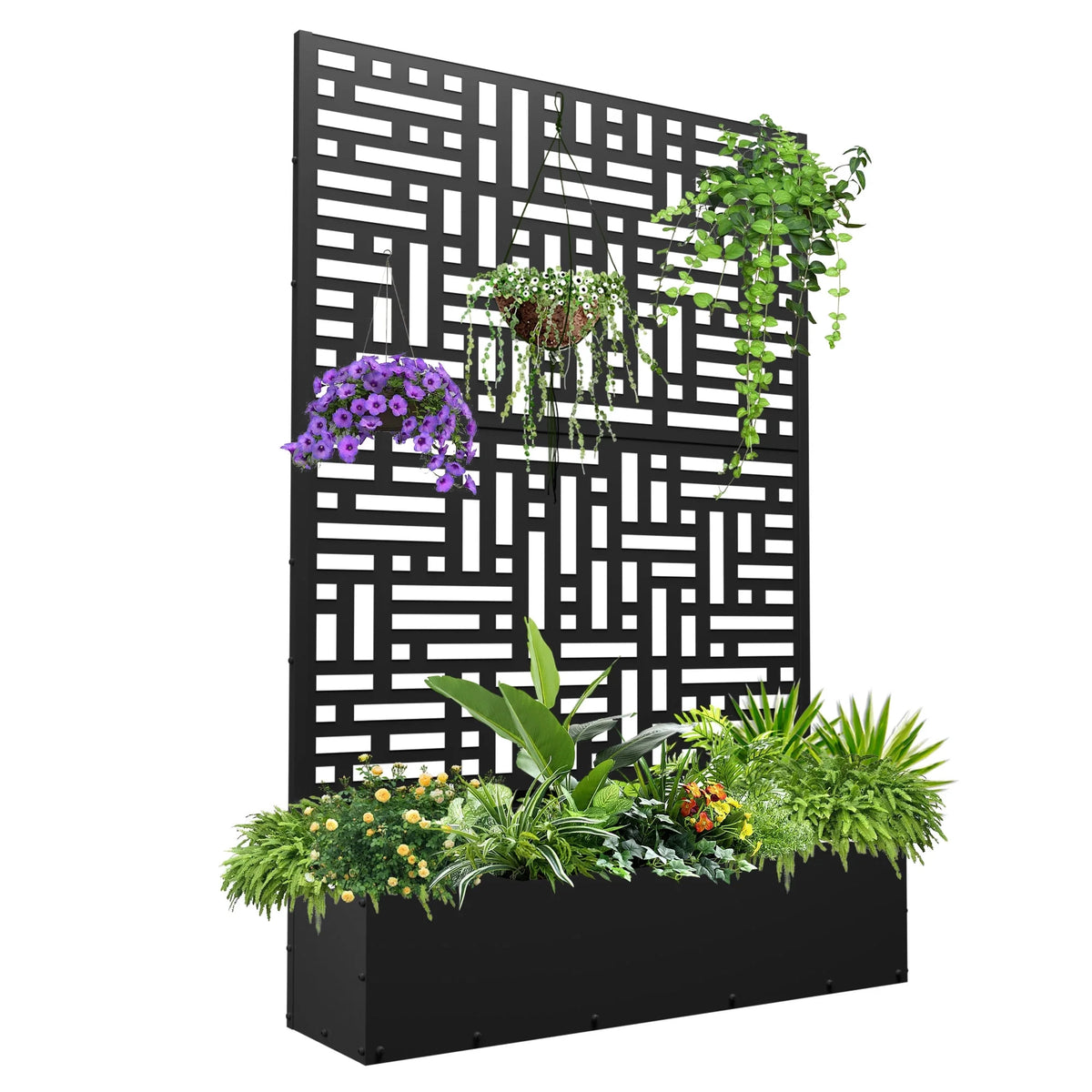 71'' Metal Planter with Trellis, Raised Garden Bed with Drainage Hole, Black D230697