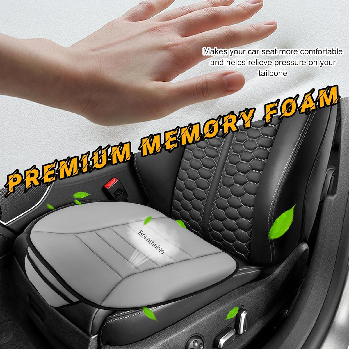 Gray Memory Foam Car Seat Cushion with Non-Slip Bottom A62063