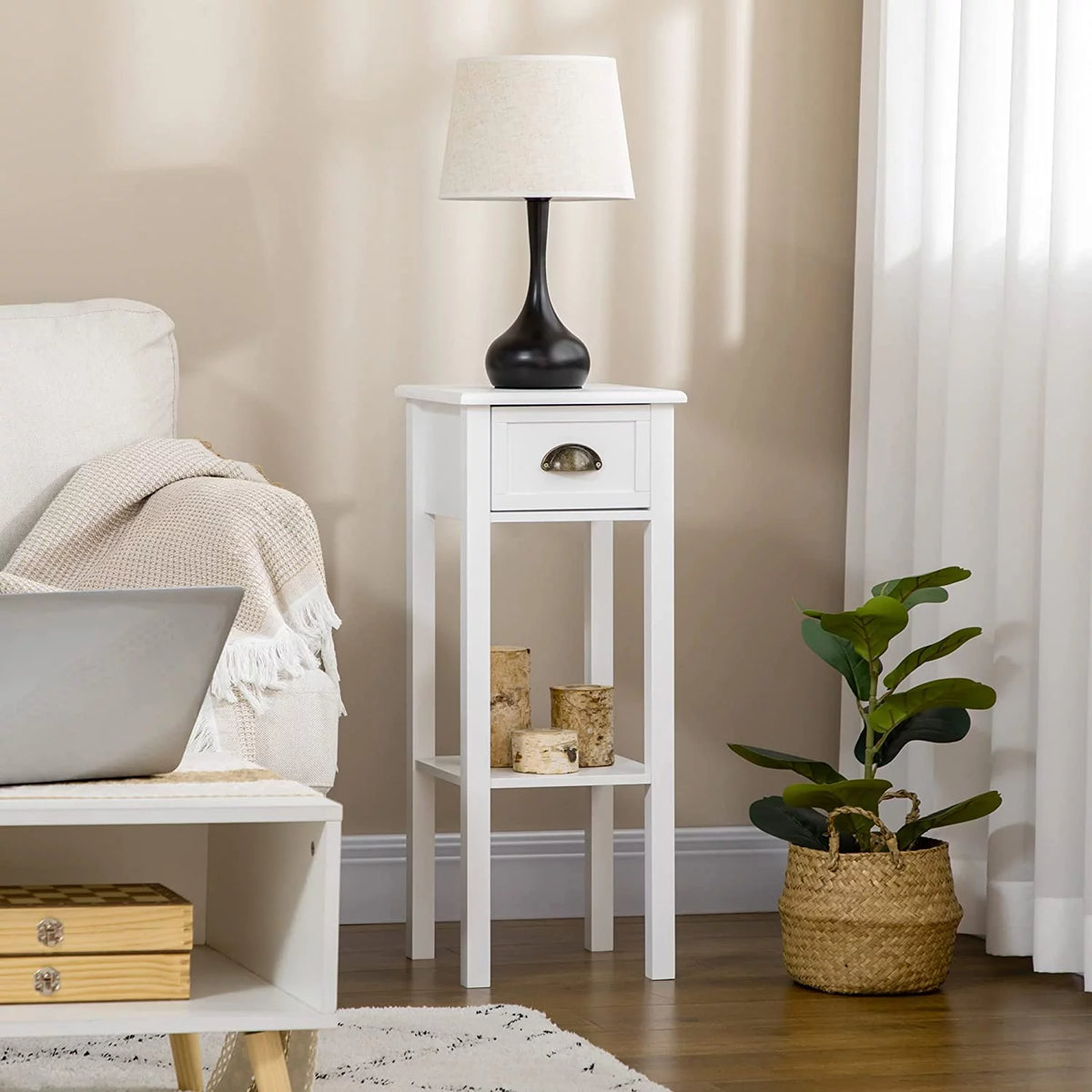 White 2-Tier Side Table with Drawer, Set of 2 G186