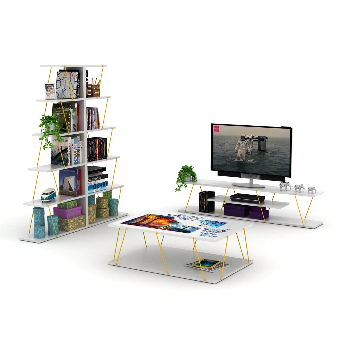 White Yellow 4 Shelf Metal Tv Stand O704