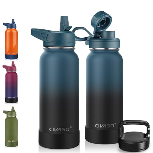 32 oz Insulated Stainless Steel Water Bottle with Straw and 3 Lids L64468