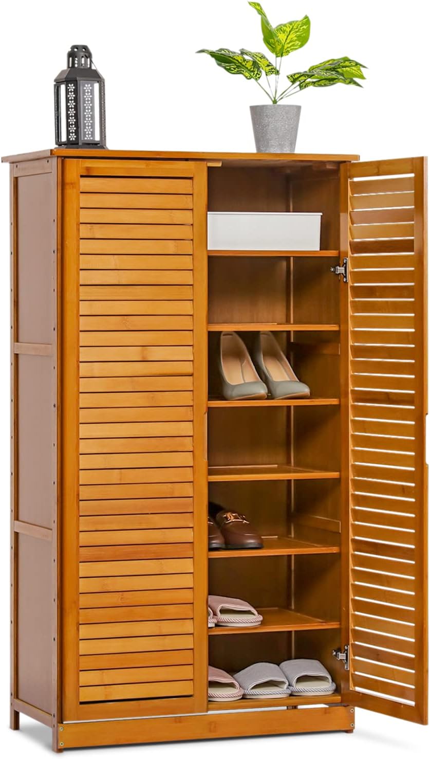 Brown Bamboo Shoe Storage Cabinet with Double Shutter Doors L265108