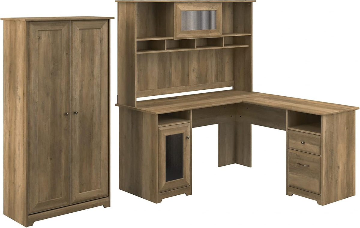 L Shape Desk with Hutch and 2 Door Tall Storage, Gray R117542