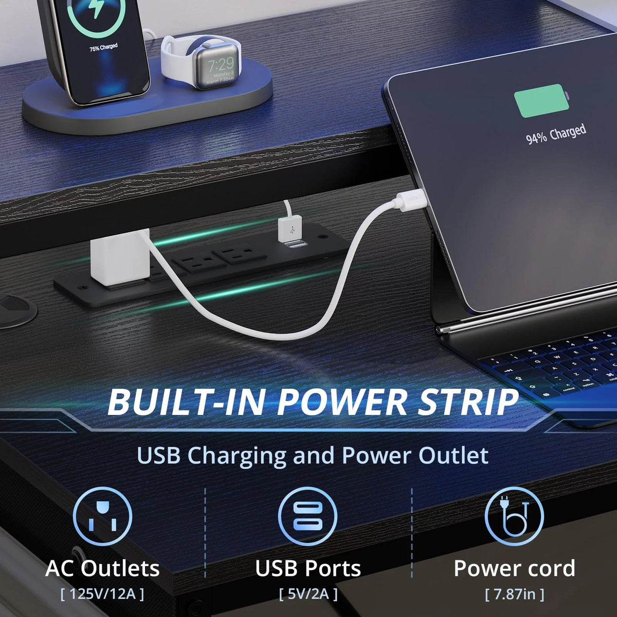 L Shaped Computer Desk with Power Outlet and LED Strip, Black E5590