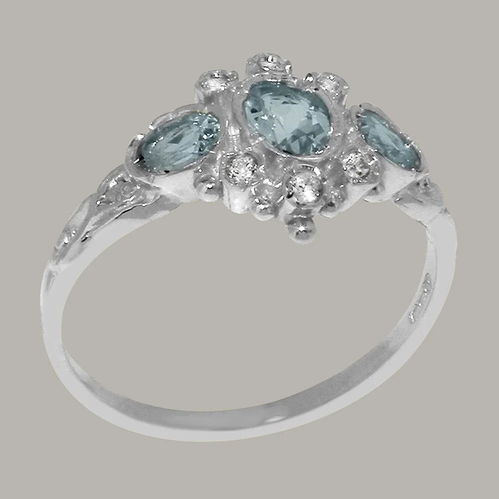 14k White Gold Aquamarine & Diamond Womens Ring R561