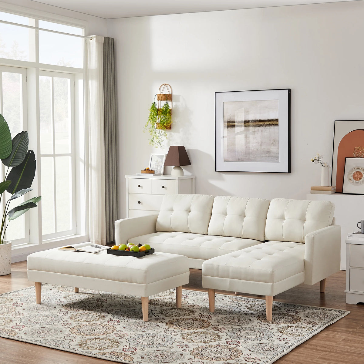 Beige L-shape Sectional Sofa Bed with Ottoman Bench J6114