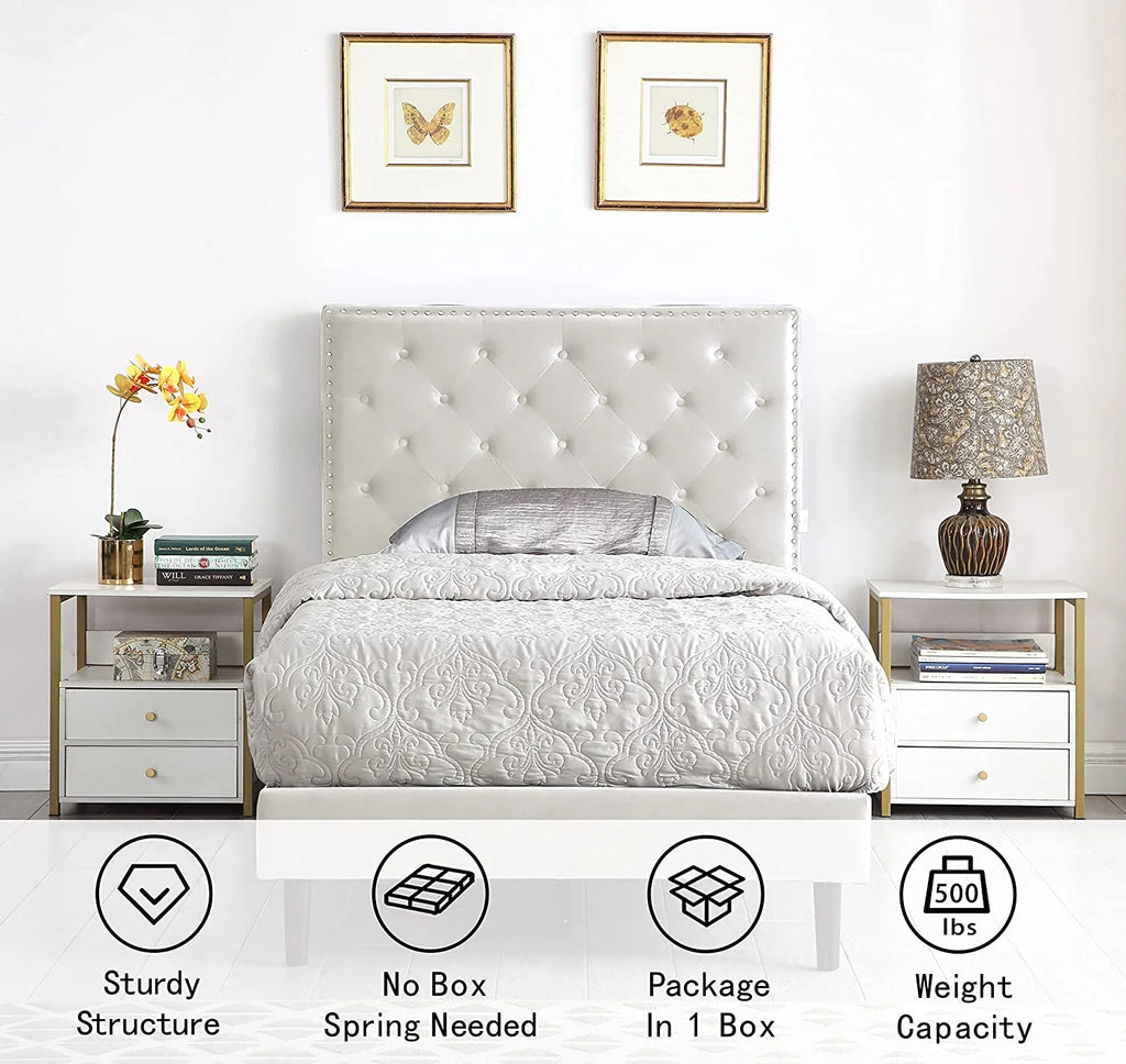 Beige Twin Upholstered Platform Bed Frame with Adjustable Headboard L6442