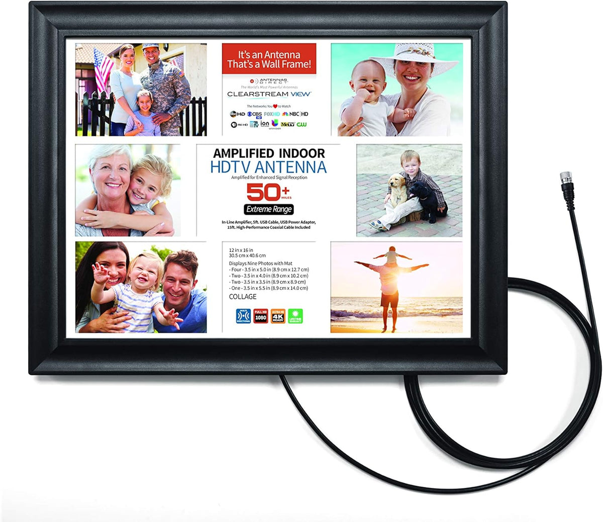Amplified TV Antenna, 50+ Mile Range, UHF/VHF, Multi-Directional, Black/White/Paintable C95516
