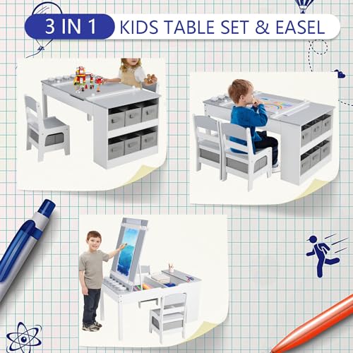 3 in 1 Wood Kids Art Table & Easel Chair Set with 6 Storage Bins Y758