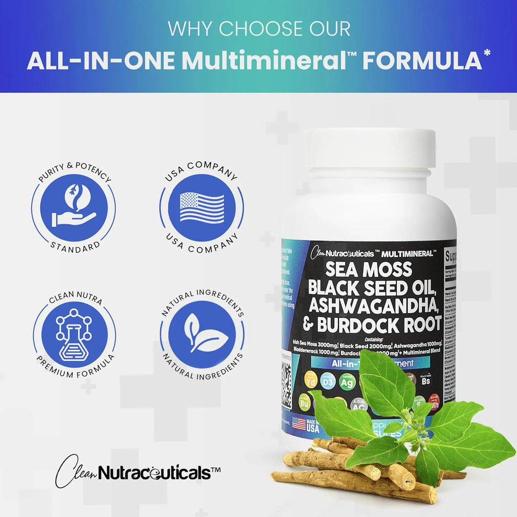 Sea Moss Black Seed Oil Ashwagandha Turmeric Bladderwrack Burdock Vitamin C D3 R153