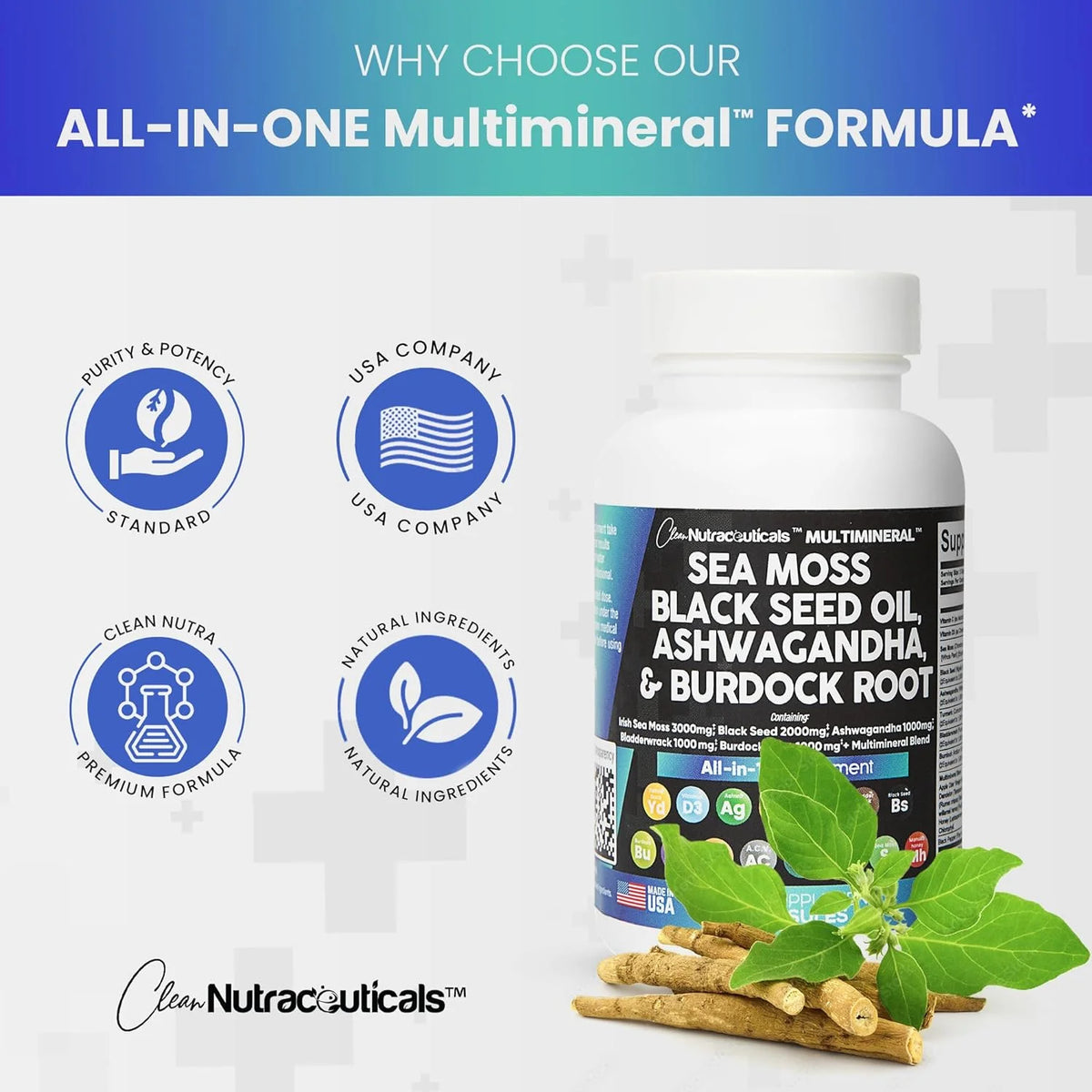 Sea Moss Black Seed Oil Ashwagandha Turmeric Bladderwrack Burdock Vitamin C D3 R153
