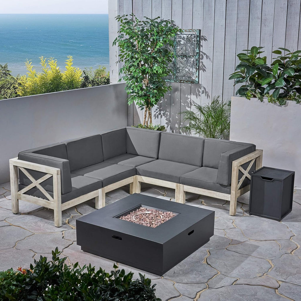 Weathered Gray and Dark Gray Acacia Wood 5 Seater Sectional Sofa Set with Fire Pit V497501