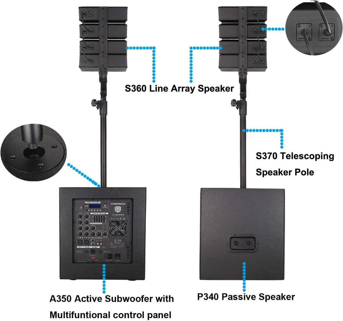 12-Inch 4000w DJ Powered PA Speaker System Combo Set with Bluetooth, Two Subwoofers and 8 Line Array Speakers X2778