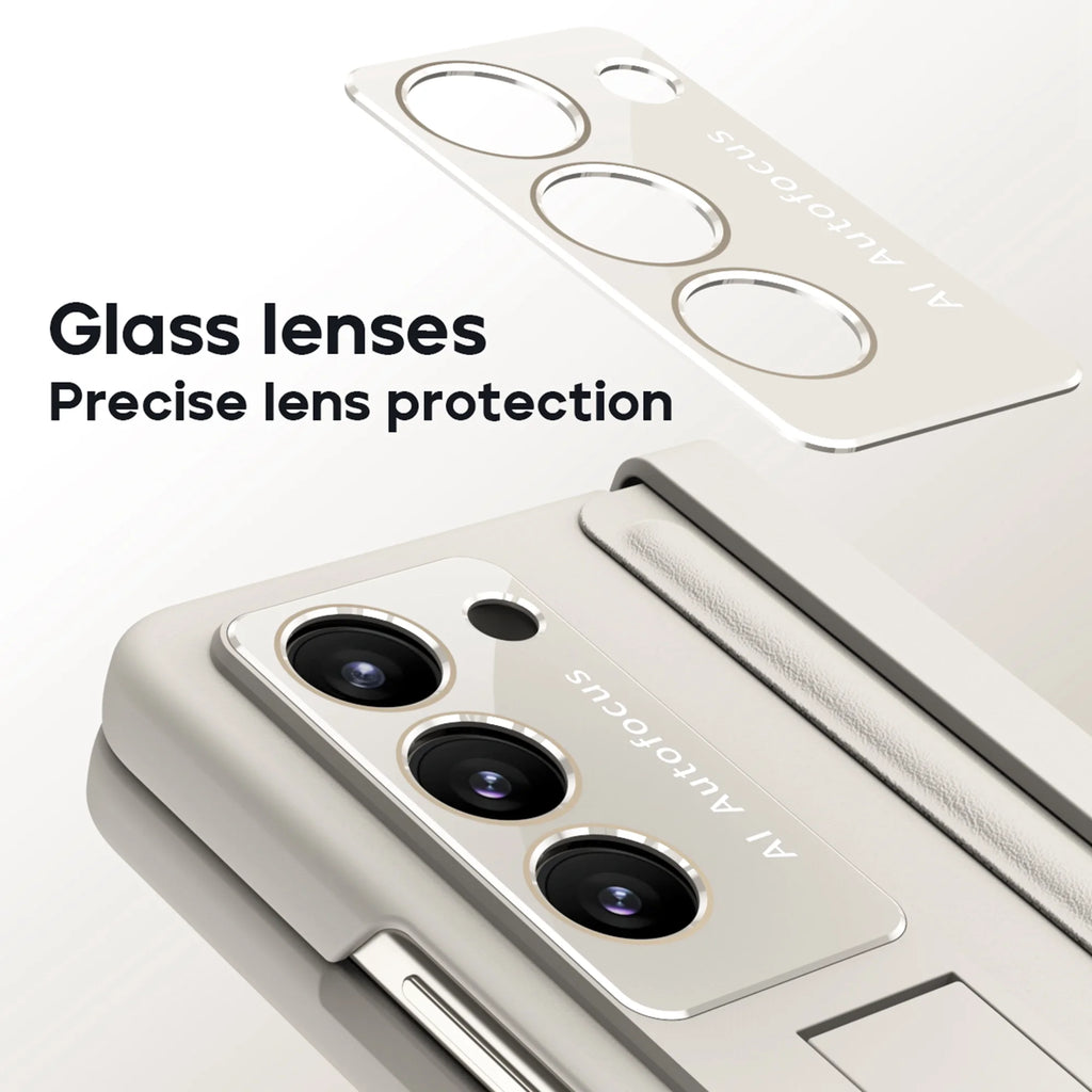 White Ultra Thin Magnetic Kickstand Case with Glass Screen Protector for Samsung Galaxy Z Fold 5 J59236