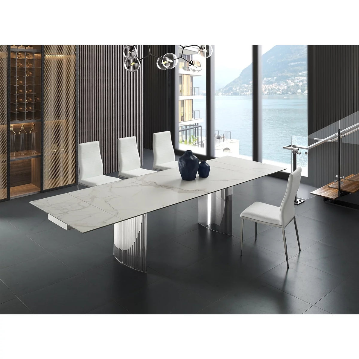 Dining Table with Stainless Steel Base and White Marbled Top J756936
