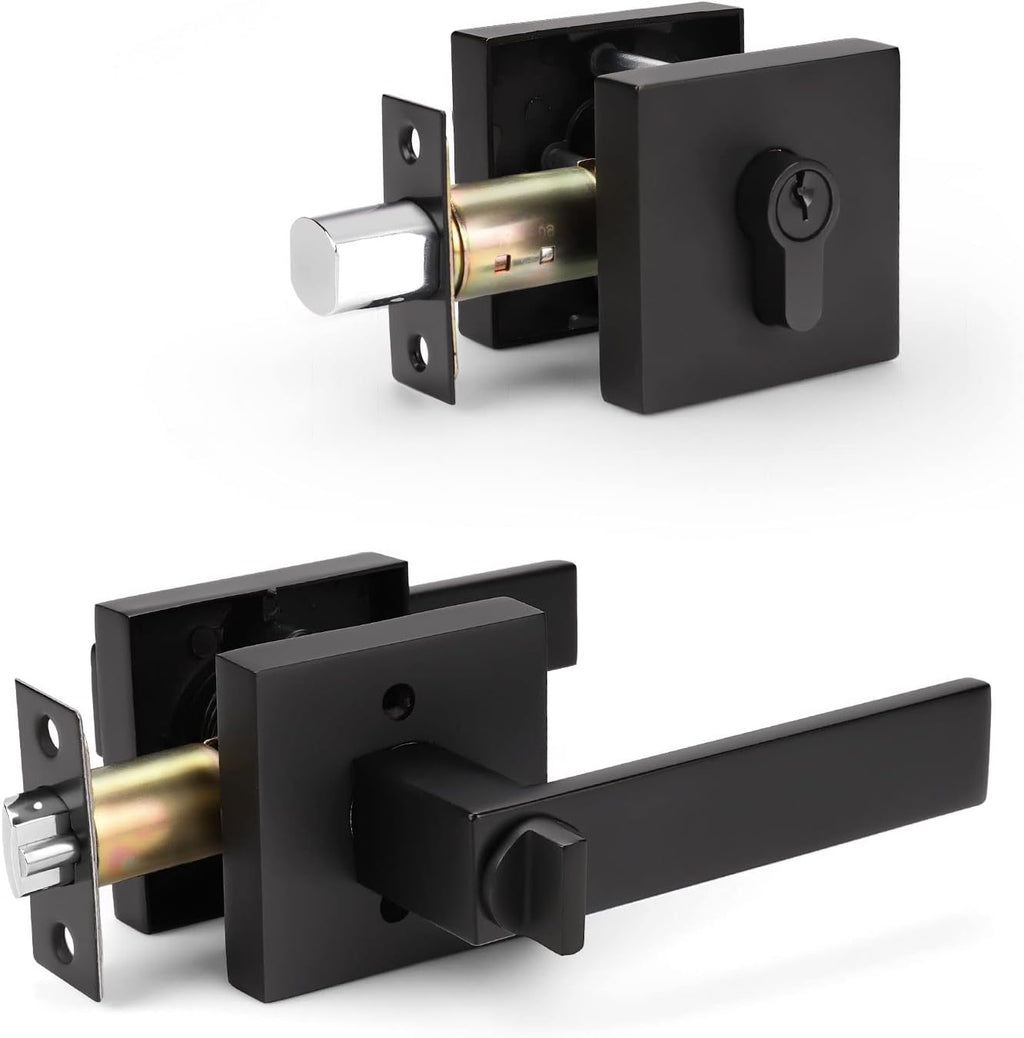 Matte Black Solid Steel Entry Door Handle Set with Deadbolt and Lever, Pack of 2 W486349