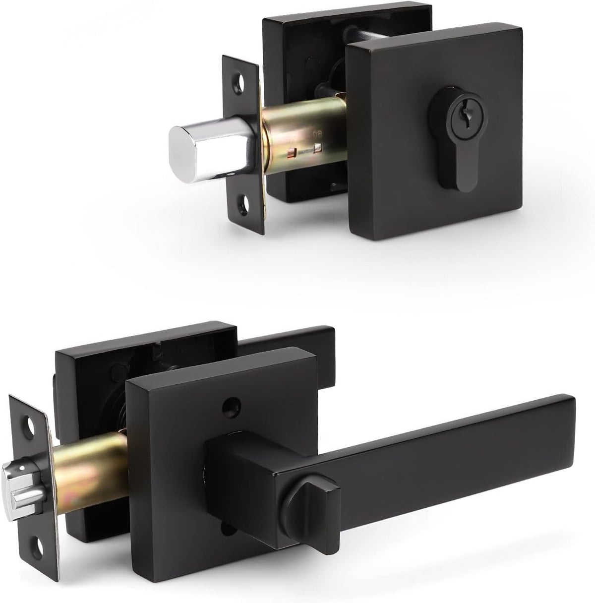 Matte Black Solid Steel Entry Door Handle Set with Deadbolt and Lever, Pack of 2 W486349