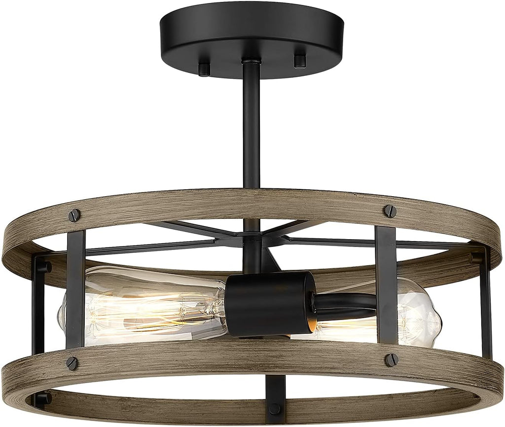Farmhouse Semi Flush Mount Ceiling Lighting, 2-Light Metal Cage, 13 inches, Wood Grain and Matte Black Finish Z16118