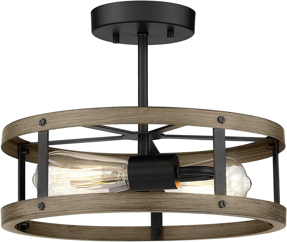Farmhouse Semi Flush Mount Ceiling Lighting, 2-Light Metal Cage, 13 inches, Wood Grain and Matte Black Finish Z16118
