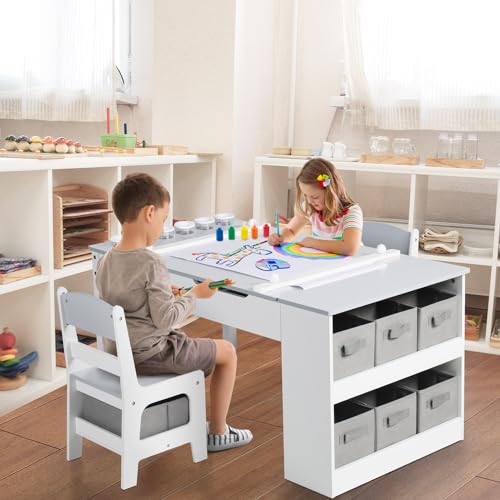 3 in 1 Wood Kids Art Table & Easel Chair Set with 6 Storage Bins Y758