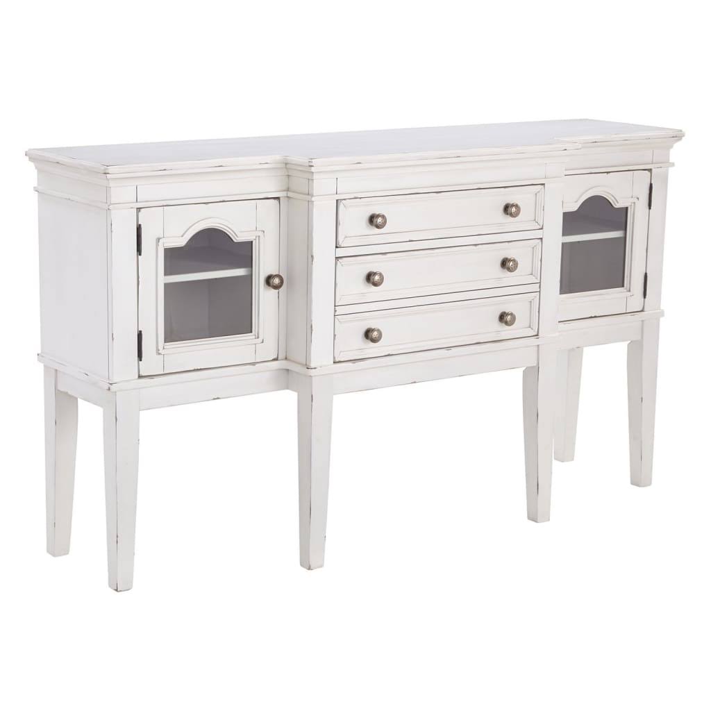White Wooden Server with 3 Drawers and 2 Glass Door Cabinets S3489