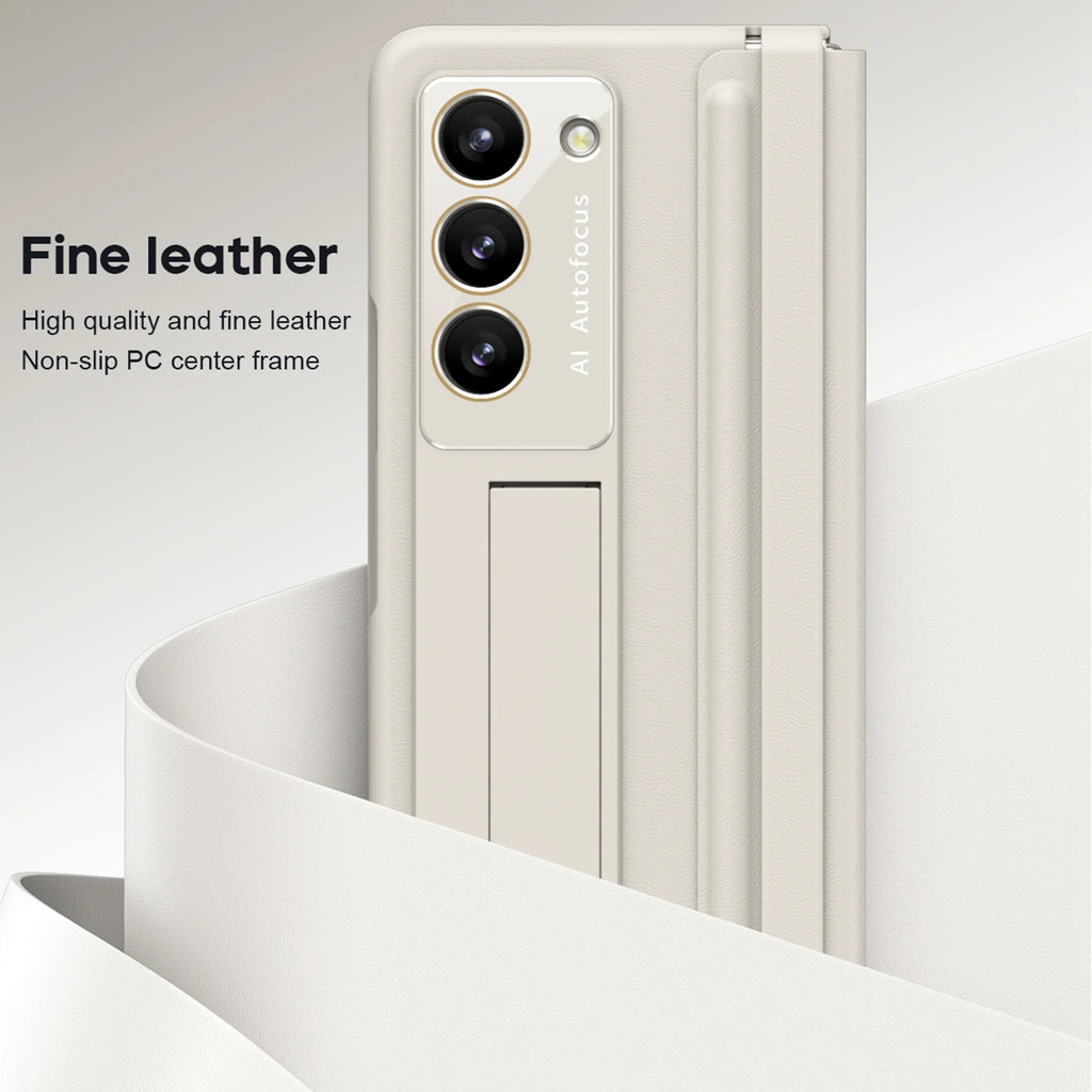 White Ultra Thin Magnetic Kickstand Case with Glass Screen Protector for Samsung Galaxy Z Fold 5 J59236
