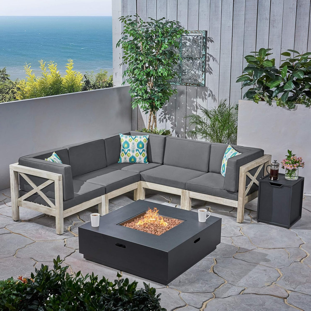 Weathered Gray and Dark Gray Acacia Wood 5 Seater Sectional Sofa Set with Fire Pit V497501